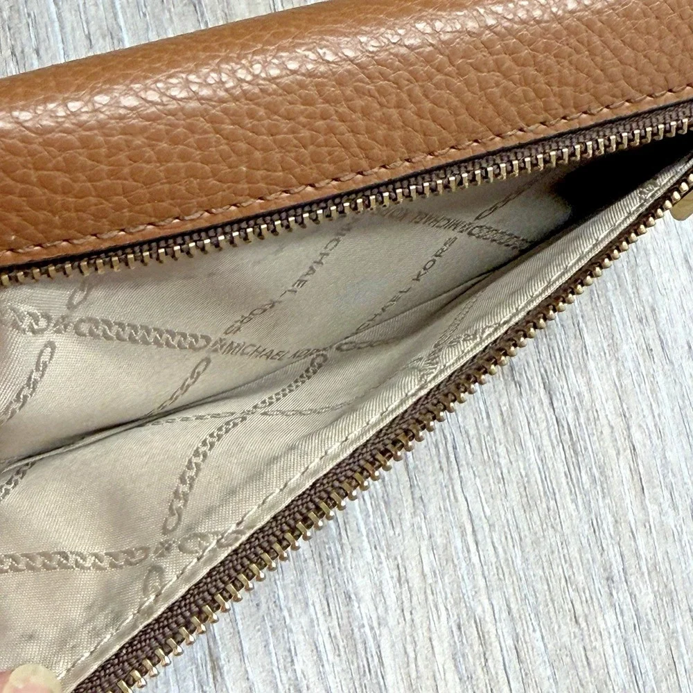 Michael Kors Karla Large Trifold Wallet Tan Studded Faux Leather Logo